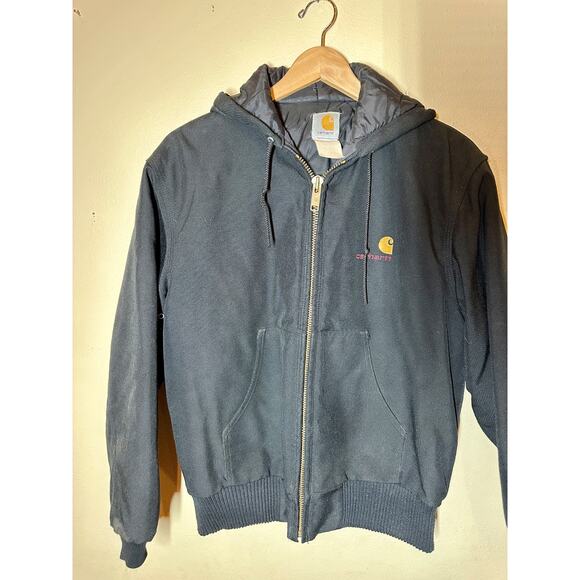 Vintage Carhartt J21 Canvas Hooded Work Black Jacket Quilted Chore Medium - Picture 1 of 6